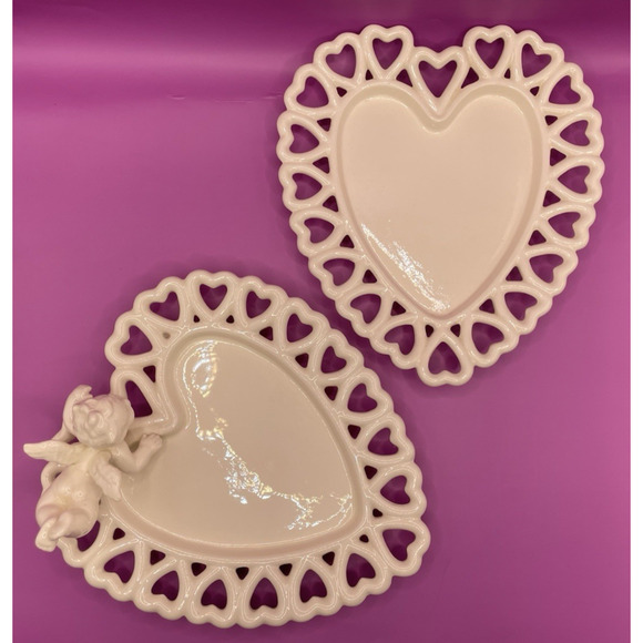 Vintage Handmade Signed Cherub Heart-Shaped Decorative Ceramic Dishes- Set of 2 - Picture 1 of 15